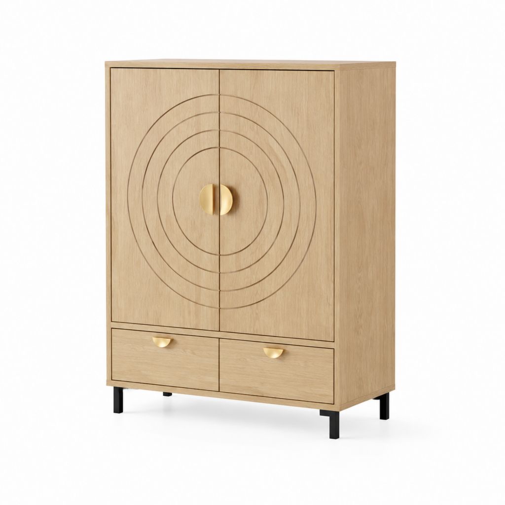 Highboard MDF mit Eichenfurnier rechteckig 90 x 45 x 150 cm mit 2 Türen und 2 Schubladen