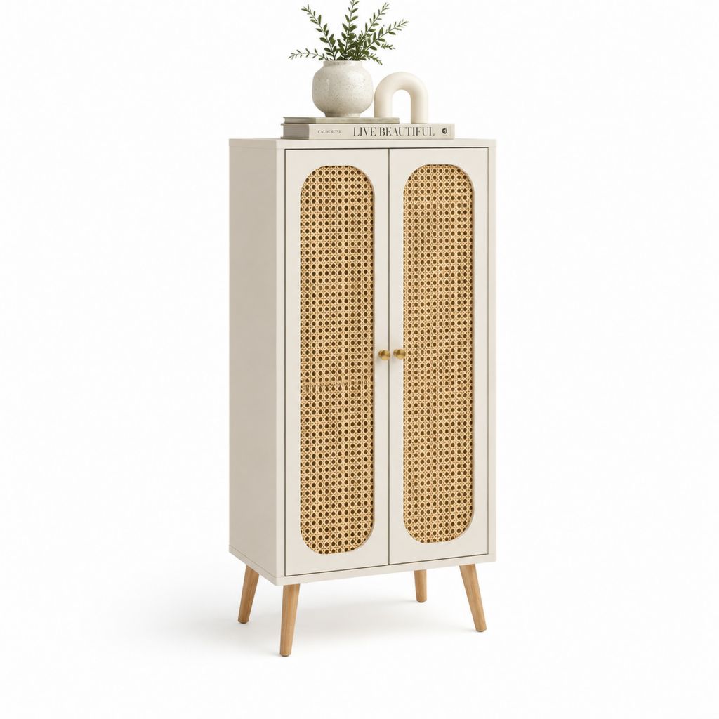 Highboard Sideboard Cremeweiß MDF Rattan Rechteckig 80 x 40 x 120 cm