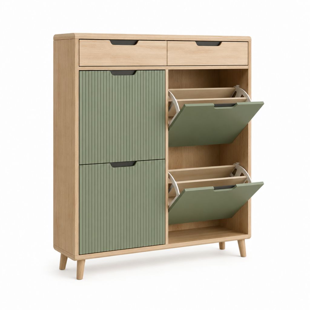 Schuhschrank mit 4 Schuhfächern 2 Schubladen in Eiche Grün aus MDF 100 x 35 x 110 cm