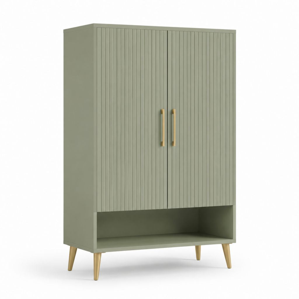 Highboard Salbeigrün aus MDF mit geriffelter Front und Holzfüßen 80 x 40 x 160 cm