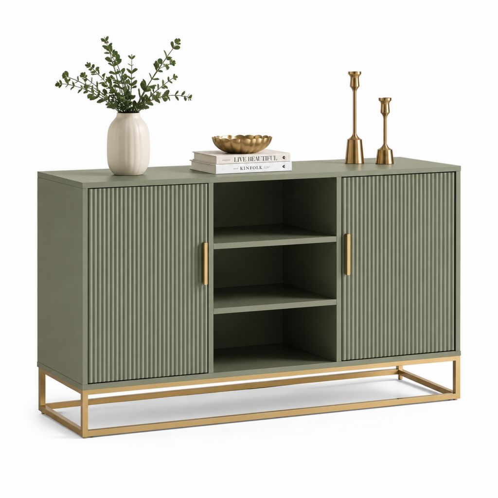 Sideboard Grün aus MDF mit Rillenfronten Schiebetüren und Stahlgestell 120 x 40 x 85 cm