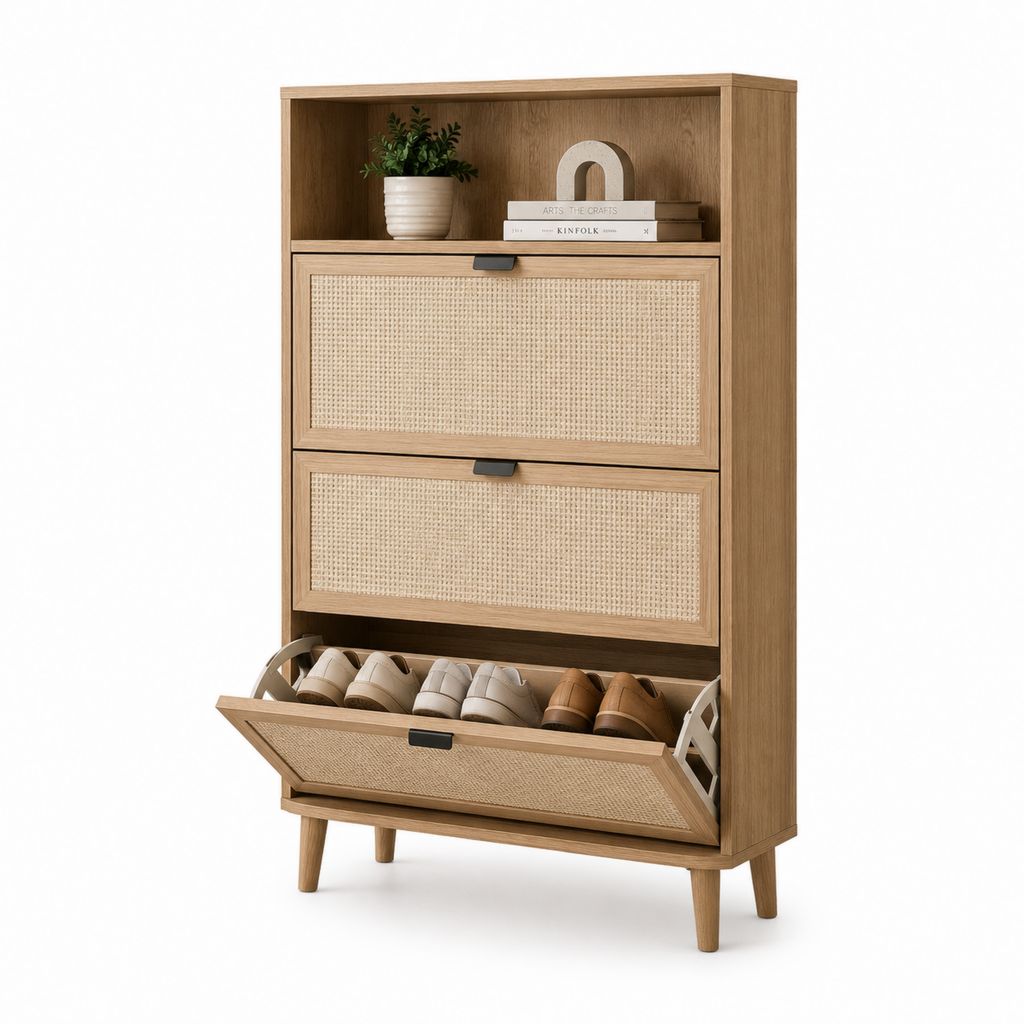 Schuhschrank mit 3 Klappfächern in Eichenoptik aus MDF und PE-Rattangeflecht rechteckig 80 x 30 x 140 cm