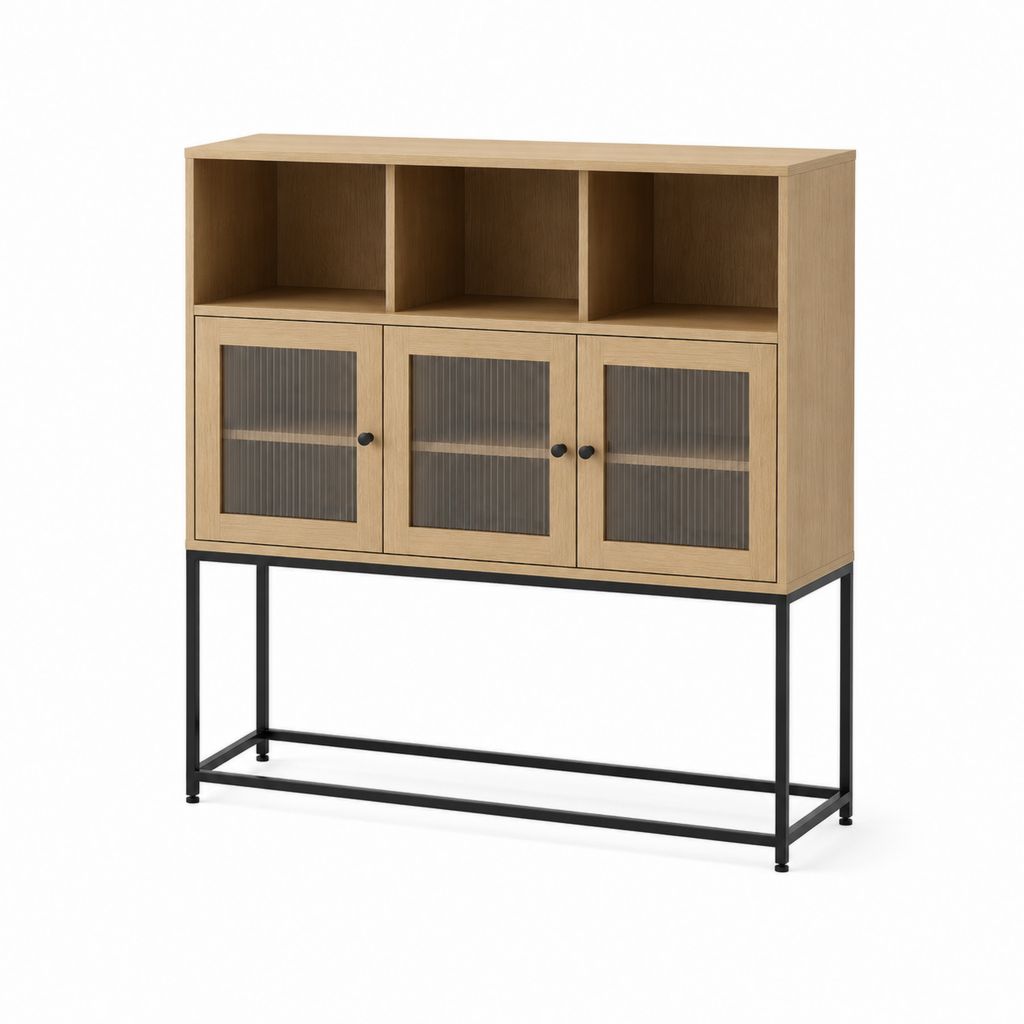 Highboard Sideboard Eicheoptik mit Riffelglastüren und Stahlgestell 120 x 40 x 140 cm