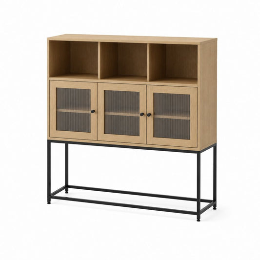 Highboard Sideboard Eicheoptik mit Riffelglastüren und Stahlgestell 120 x 40 x 140 cm