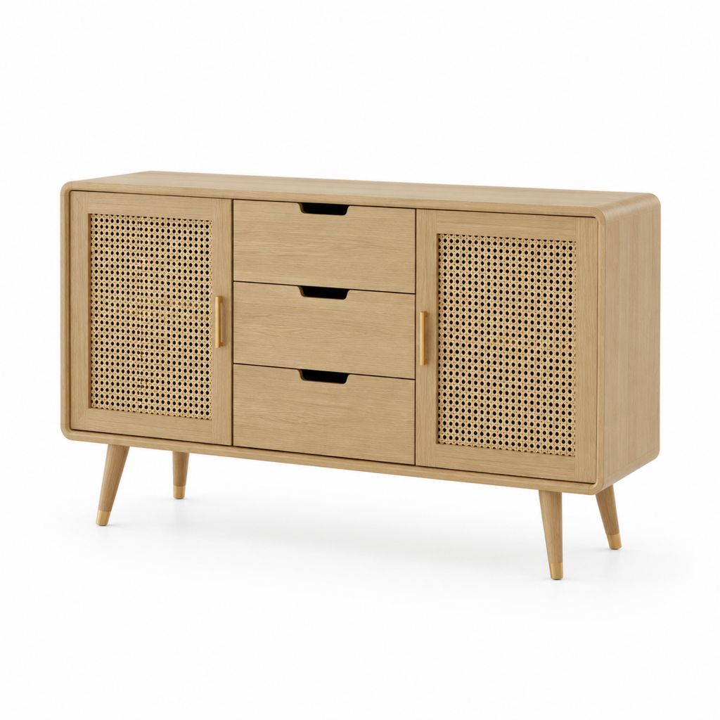 Sideboard Natur Eichenfurnier Rattan rechteckig 120 x 40 x 80 cm mit 2 Türen und 3 Schubladen