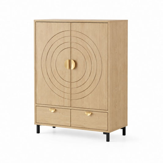 Highboard MDF mit Eichenfurnier rechteckig 90 x 45 x 150 cm mit 2 Türen und 2 Schubladen