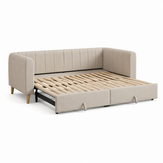 Ausziehbares Schlafsofa Beige aus Polyester mit Lattenrost 160 x 200 cm Gesamtmaß 220 x 100 x 85 cm