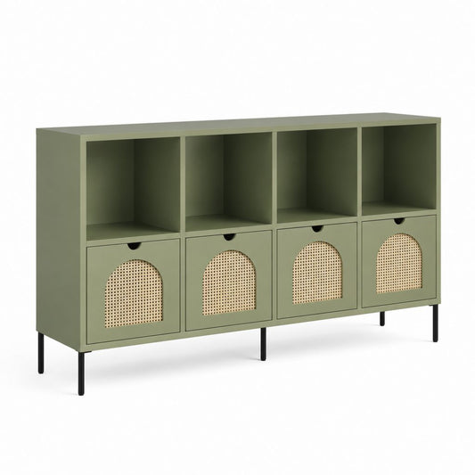 Sideboard Grün MDF Rattan Rechteckig 160 x 40 x 90 cm mit 4 Türen und 4 offenen Fächern