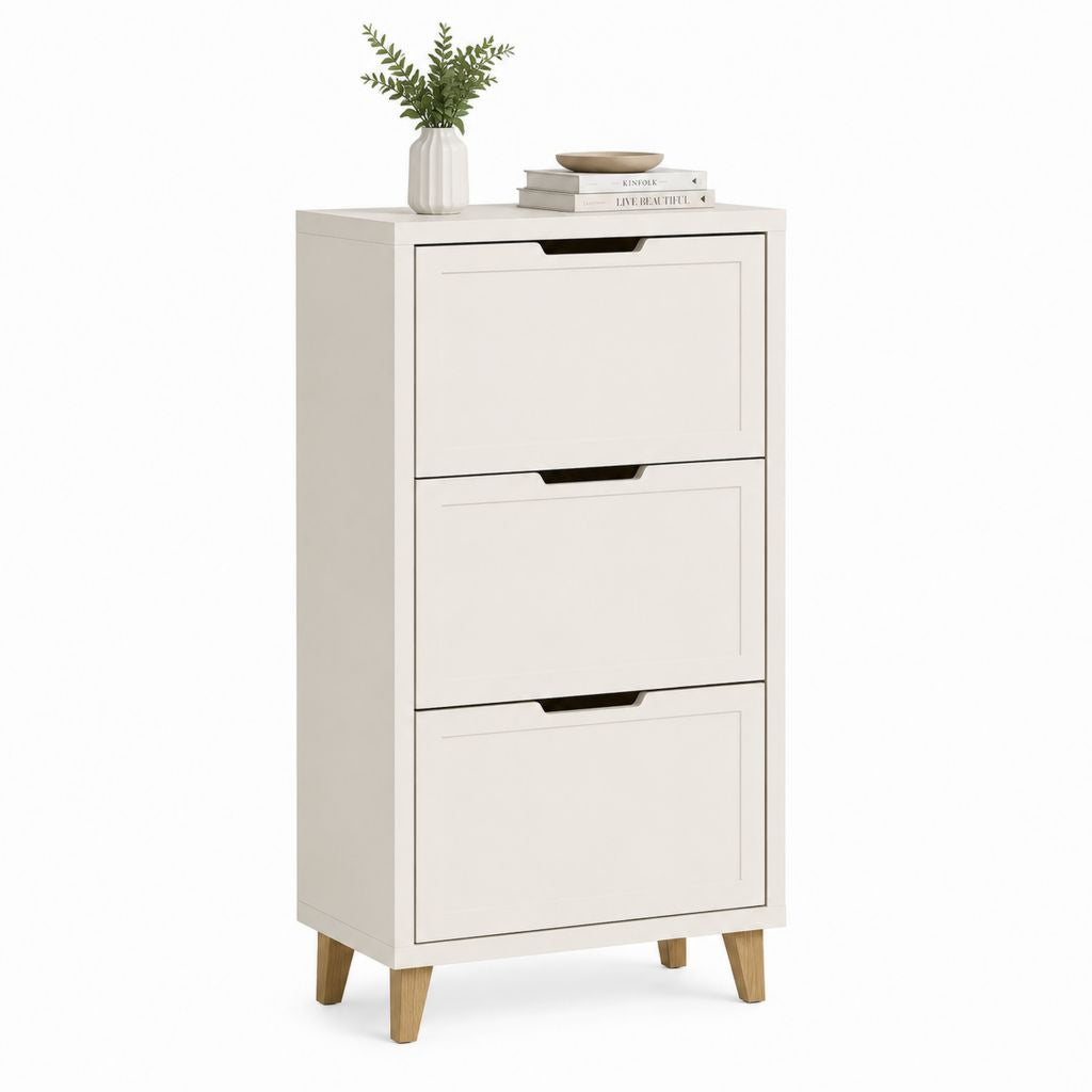 Schuhschrank mit 3 Klappen Weiß MDF und Gummibaum-Massivholz 60 x 24 x 120 cm