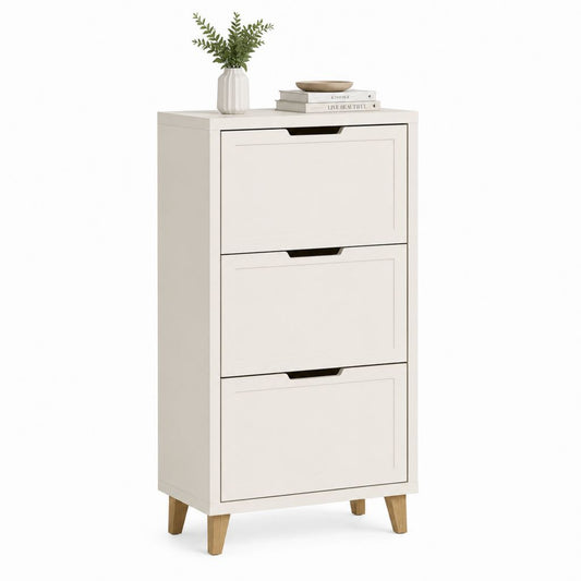 Schuhschrank mit 3 Klappen Weiß MDF und Gummibaum-Massivholz 60 x 24 x 120 cm