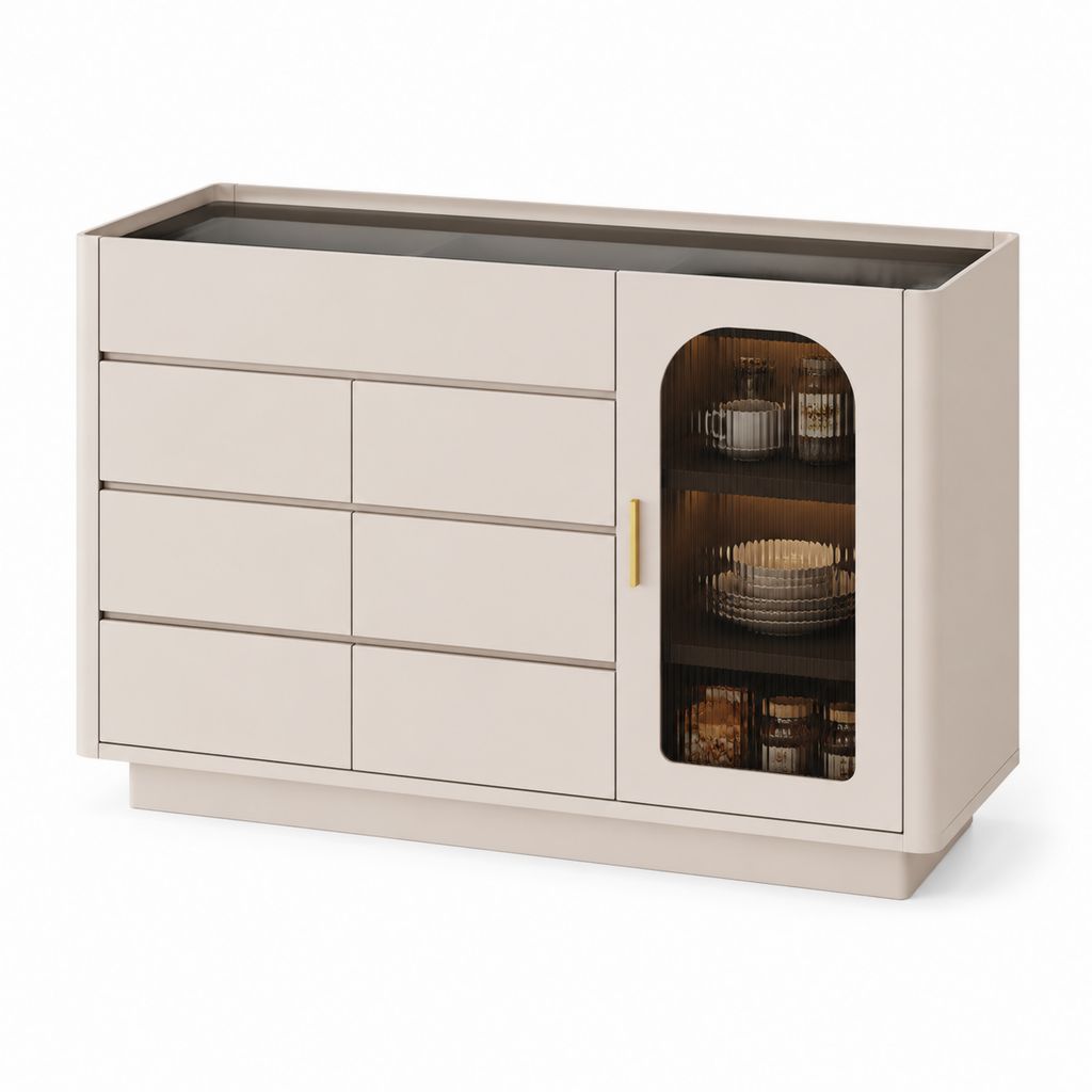 Sideboard Cremeweiß aus MDF und geriffeltem ESG-Glas rechteckig mit 7 Schubladen 1 Tür 120 x 40 x 90 cm