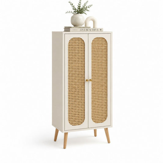 Highboard Sideboard Cremeweiß MDF Rattan Rechteckig 80 x 40 x 120 cm