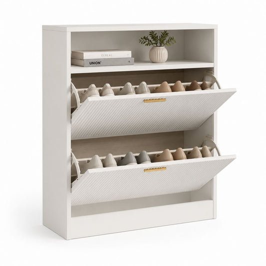 Schuhschrank Weiß aus MDF rechteckig mit 2 Klappen und offenem Fach 80 x 24 x 100 cm