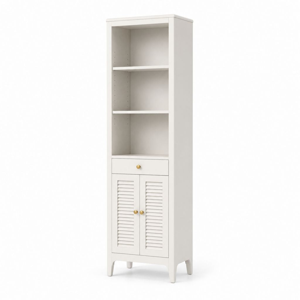 Badezimmer Hochschrank Weiß MDF mit Lamellentüren und Schublade 50 x 30 x 180 cm