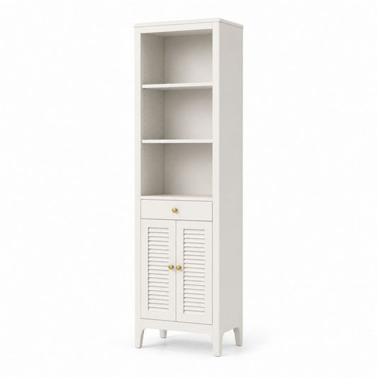 Badezimmer Hochschrank Weiß MDF mit Lamellentüren und Schublade 50 x 30 x 180 cm