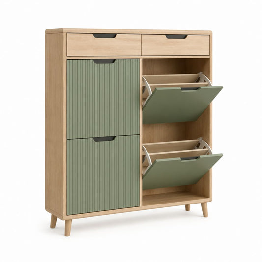 Schuhschrank mit 4 Schuhfächern 2 Schubladen in Eiche Grün aus MDF 100 x 35 x 110 cm