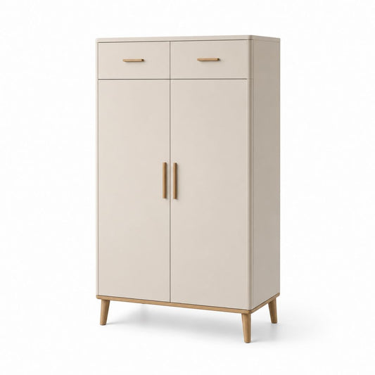 Schuhschrank mit 2 Türen und 2 Schubladen cremefarben aus MDF und Kautschukholz rechteckig 80 x 40 x 160 cm