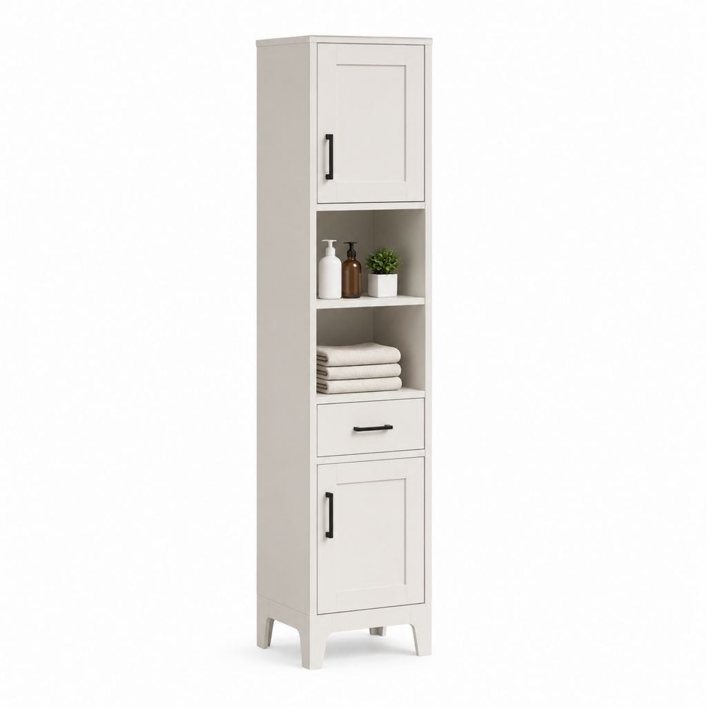 Badezimmer Hochschrank Weiß aus MDF mit 40 x 30 x 180 cm Türen Schublade und offenen Fächern