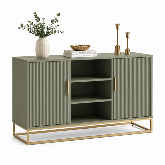 Sideboard Grün aus MDF mit Rillenfronten Schiebetüren und Stahlgestell 120 x 40 x 85 cm