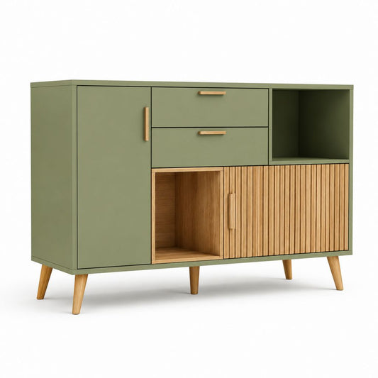 Sideboard Grün Eichenoptik MDF rechteckig 140 x 40 x 90 cm mit Schubladen Türen und offenen Fächern